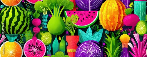 Seamless geometric farm food, cubism style fruits and vegetables, pattern of colorful agricultural plants