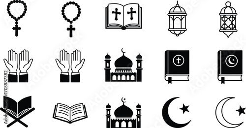 Religious icon set featuring Christian and Islamic symbols including rosary, holy books, lanterns, prayer hands, mosques, crescent moon, star.
