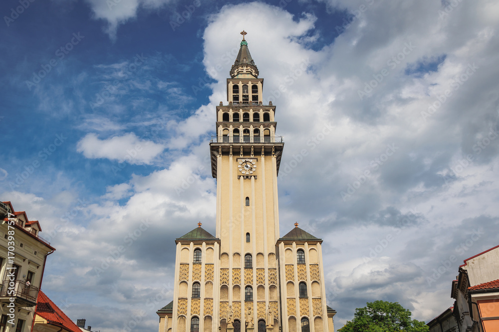 Obraz premium Tower of Saint Nicholas Cathedral in Bielsko-Biala, Silesia region of Poland