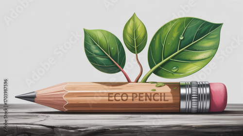 Eco friendly pencil with growing leaves sustainable stationery concept drawing art design education supply tool