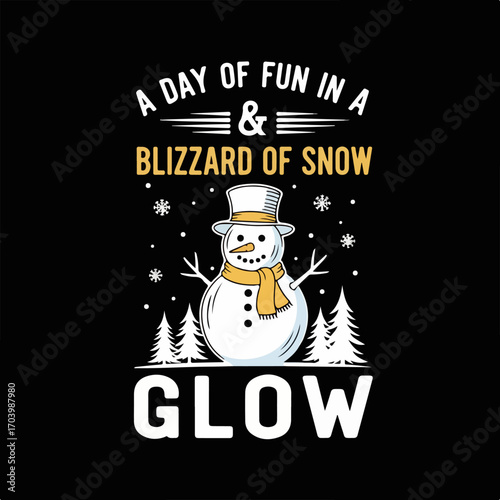 Festive snowman illustration with a top hat and scarf, surrounded by falling snow and pine trees, celebrating a fun winter blizzard.