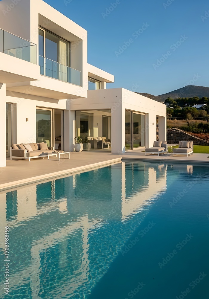 Fototapeta premium Modern villa with pool reflections against blue skies in summer weather