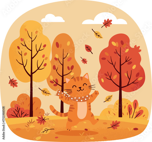 Autumn season happy cat playing with falling leaves in colorful orange yellow forest vector illustration