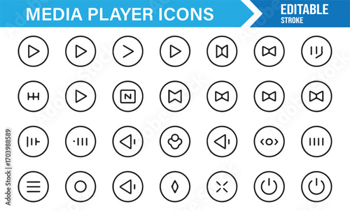 Editable line style media player icons – play, pause, stop, shuffle, repeat, and volume buttons