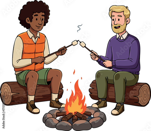 Two men roasting marshmallows over campfire sitting on wooden logs in outdoor camping scene