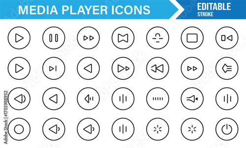 Vector music and video icons – play, pause, stop, navigation, and playlist buttons editable set