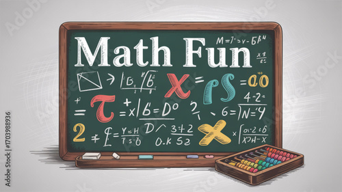 Math education chalkboard with equations and abacus for learning mathematics and having fun in the classroom