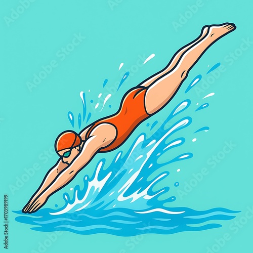 Energetic female swimmer making a dynamic splash while diving headfirst into cool blue water, captured in a vibrant, dynamic illustration with bold lines and a lively feel