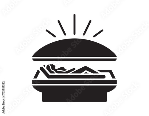 Tanning icon in black. Solarium. Indoor tanning and sunbathing. Sunbed. Tanning machines in spa salons for treatments. Silhouette symbol on a white background. Vector illustration isolated.
