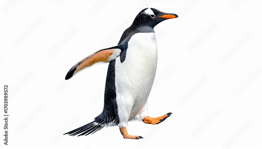 Obraz premium Penguin bird with black and white body orange beak short wings and aquatic walking stance isolated on white background 