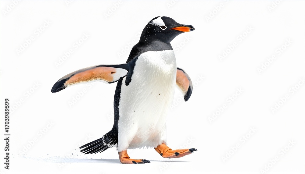 Naklejka premium Penguin bird with black and white body orange beak short wings and aquatic walking stance isolated on white background 