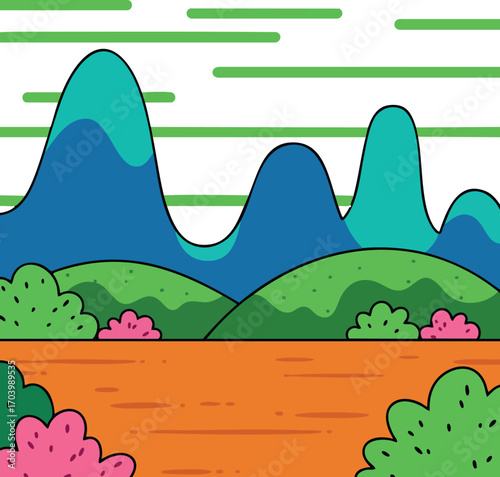 Colorful mountain landscape with green hills and pink bushes in vibrant vector style illustration