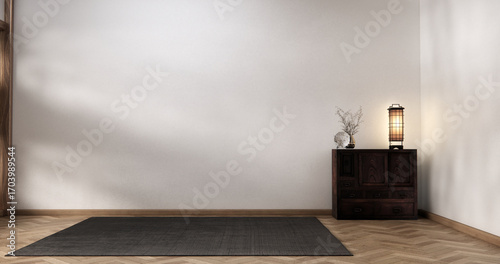 Cabinet wooden japanese design on living room zen style empty wall background.3D rendering