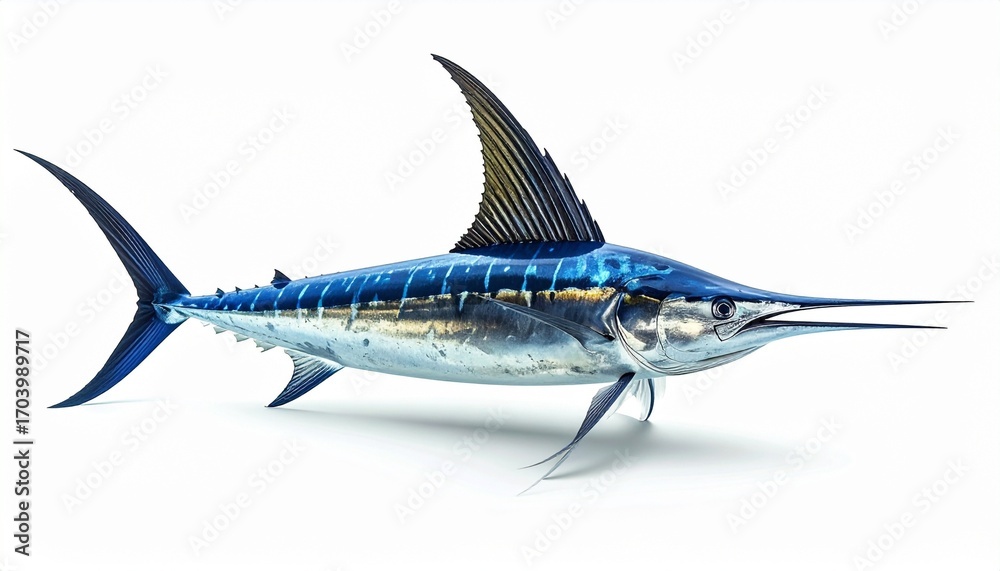 Fototapeta premium Swordfish with long sharp bill streamlined body powerful tail fin and ocean predator sea animal isolated on white background 