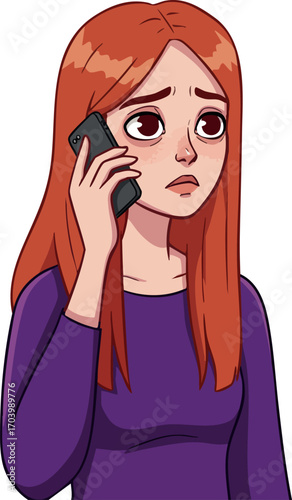 Sad redhead woman talking on phone expressing worried emotion in purple top vector illustration