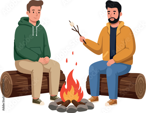 Two men sitting on logs warming hands by campfire outdoor casual clothing relaxed atmosphere