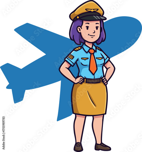 Female pilot standing confidently in uniform with airplane silhouette background vector illustration