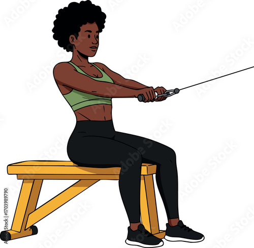 Woman exercising with rowing machine on wooden bench fitness workout concept vector illustration