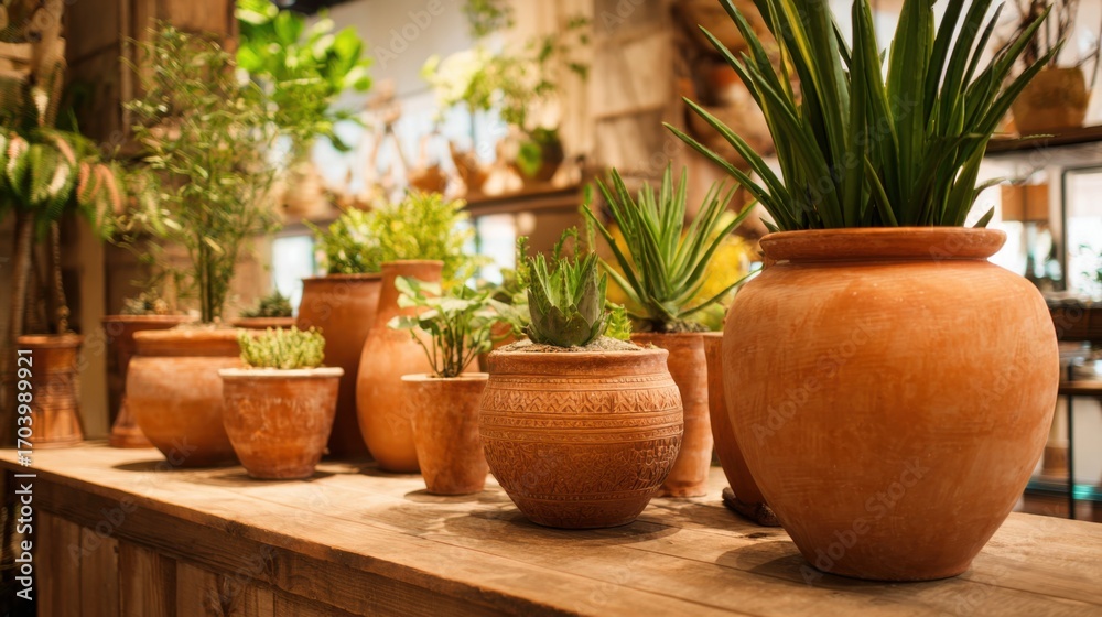 Fototapeta premium Rows of beautifully arranged potted plants in a vibrant indoor environment highlight natural textures and colors. Each pot varies in shape and size, creating an inviting atmosphere.