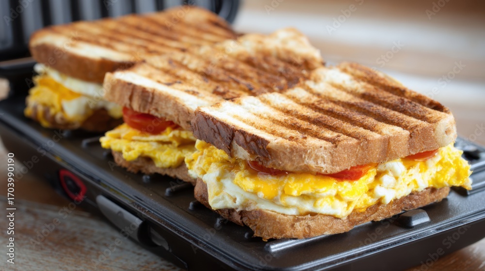 Two golden grilled sandwiches filled with fluffy scrambled eggs and juicy tomatoes sit on a grill. The warm, toasted bread adds a comforting crunch to this hearty breakfast. Two golden grilled sandwiches filled with fluffy scrambled eggs and juicy tomatoes sit on a grill. The warm, toasted bread adds a comforting crunch to this hearty breakfast.