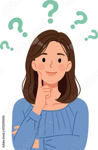 Thoughtful woman wearing blue sweater surrounded by question marks showing curiosity and pondering vector illustration