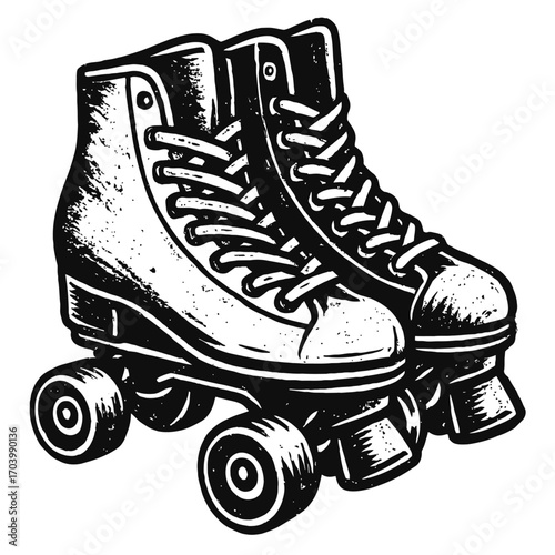 A Pair of Classic Black and White Roller Skates Illustration in Vintage Retro Style, Perfect for Active Lifestyle & Recreation, Featuring a Hand-Drawn Engraving Design for Sports, Leisure, 70s & 80s T