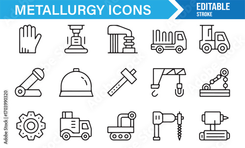Industrial metallurgy icons – editable vector set of plant, gear, helmet, hammer, and engineering tools