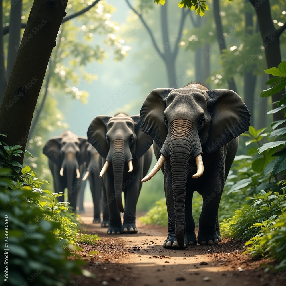 Fototapeta premium Elephant herd migration through dense jungle