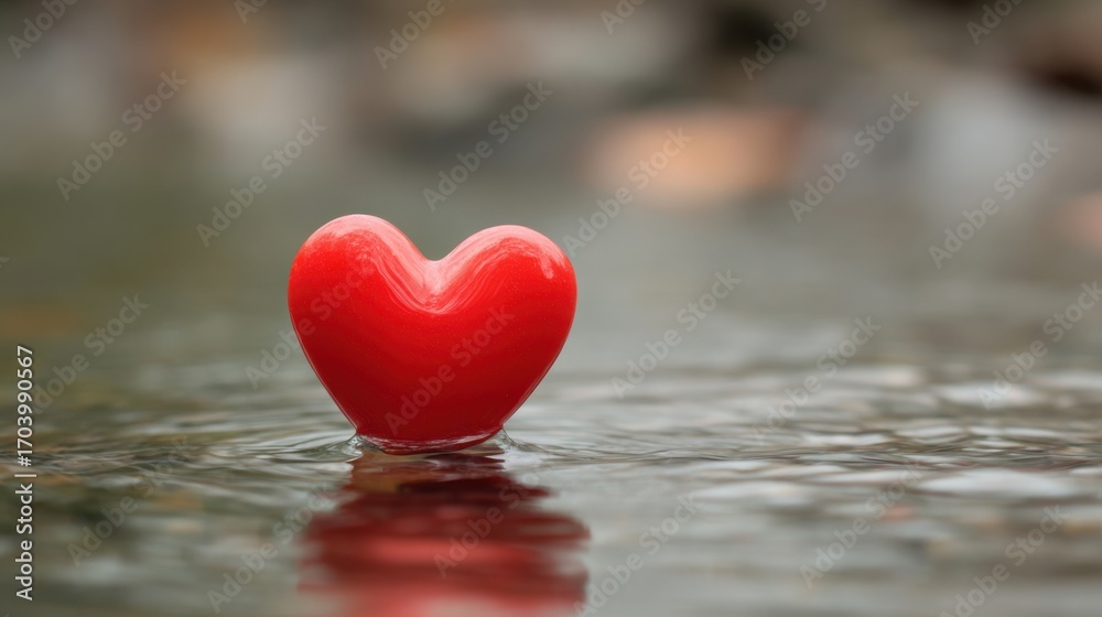 Fototapeta premium A vibrant red heart-shaped object floats gracefully on the surface of calm water, creating gentle ripples. This peaceful scene evokes feelings of love and tranquility in a natural setting.