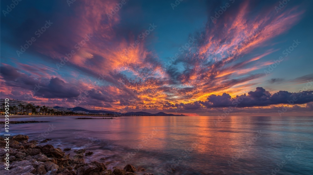 Fototapeta premium A stunning sunset paints the sky with vibrant colors, reflecting on the calm ocean waters. Silhouettes of distant mountains and rocky shoreline add to the serene atmosphere.