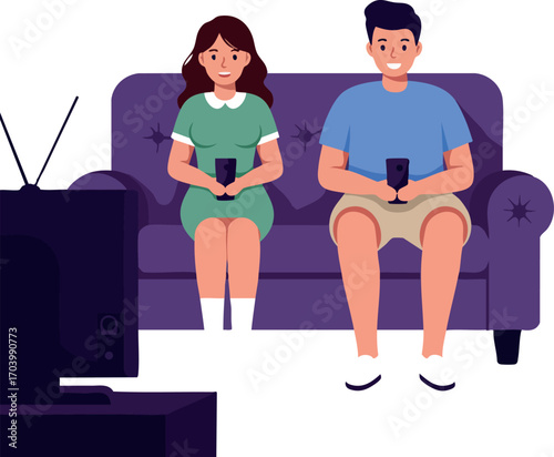 Couple sitting on purple sofa watching television holding wine glasses relaxing at home vector illustration
