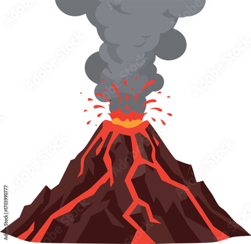 Erupting volcano with smoke lava explosion and molten rock vector illustration natural disaster scene