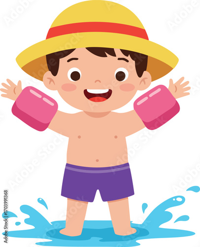 Boy wearing yellow hat and purple swim trunks splashing in water with pink arm floaties cheerful happy vector illustration