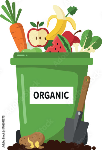 Organic waste bin filled with fresh fruits and vegetables for composting and eco friendly gardening use