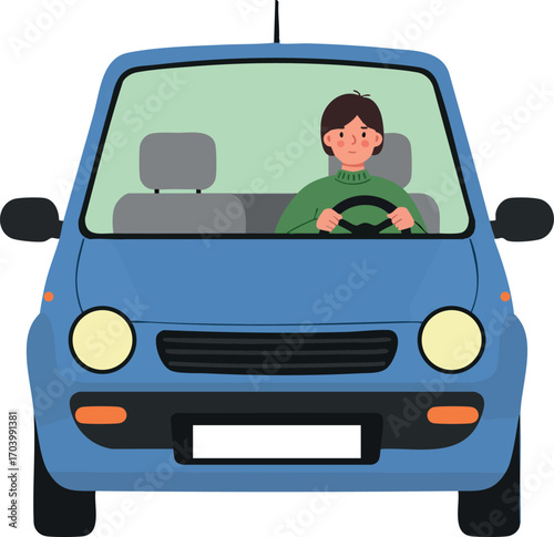 Blue car front view with man driving inside modern vehicle vector illustration