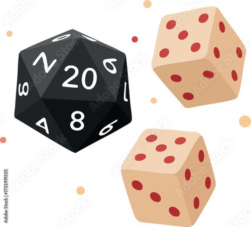 Black twenty-sided die with two beige six-sided dice and red pips for tabletop gaming vector illustration