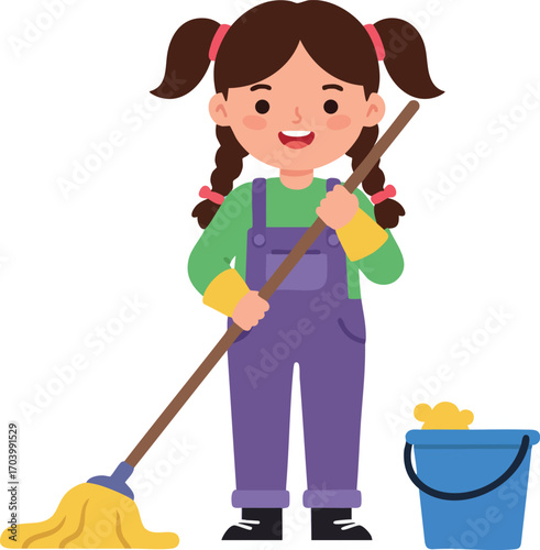 Girl cleaning with mop and bucket in purple overalls and green shirt cheerful child household chore activity vector illustration