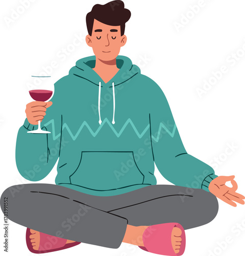 Man meditating in lotus position holding wine glass wearing teal hoodie and pink slippers vector illustration