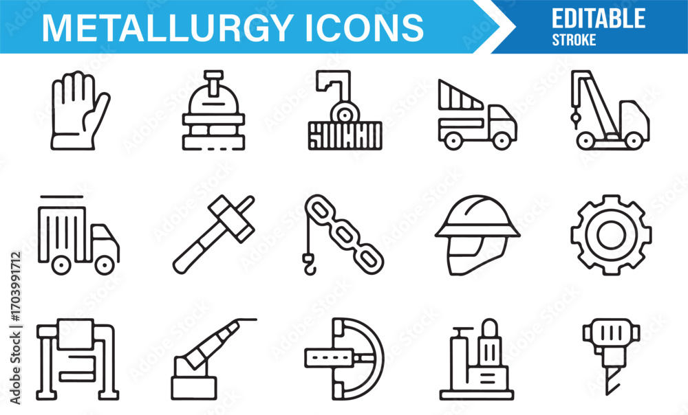 Fototapeta premium Vector metallurgy icons – factory, hammer, gear, drill, helmet, truck, and industry equipment line illustrations