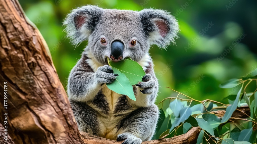 Fototapeta premium Koala eating leaves in tree