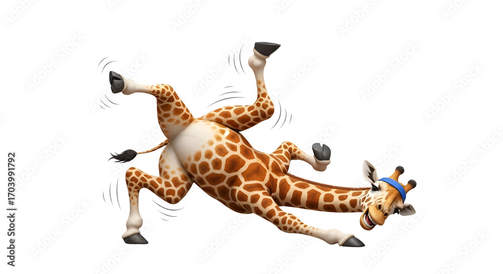 Obraz premium Cartoon giraffe lies on its back wearing a blue cap isolated PNG with Transparent Background
