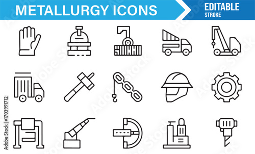 Vector metallurgy icons – factory, hammer, gear, drill, helmet, truck, and industry equipment line illustrations
