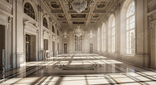 Sunlight illuminates grand hall, showcasing architectural magnificence