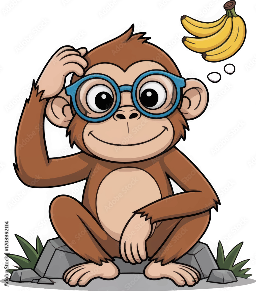 Naklejka premium Cartoon Monkey with Glasses, Thinking About Bananas on Stone