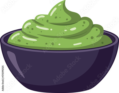 Green guacamole sauce in purple bowl vector illustration for food design and Mexican cuisine recipe ideas