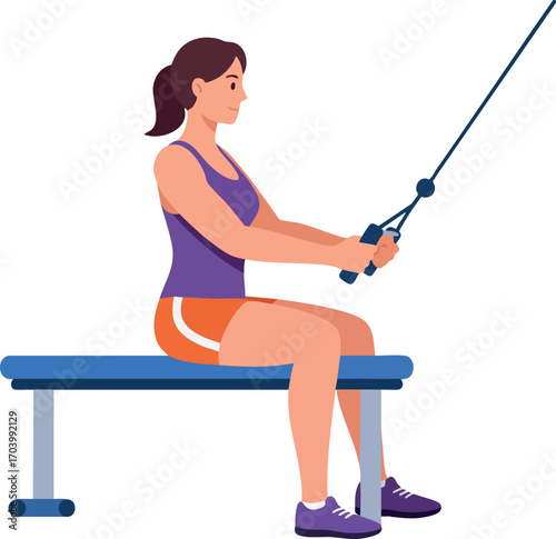 Woman exercising on cable machine seated row workout fitness gym training vector illustration