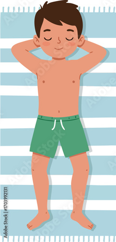 Boy Relaxing on Beach Towel Wearing Green Shorts Lying Down with Closed Eyes Summer Relaxation Scene