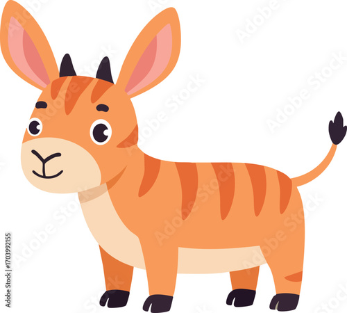 Cute cartoon baby donkey with orange stripes standing on white background vector illustration
