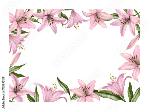 A watercolor rectangular frame of delicate pink lilies and green leaves, against a white background. Hand drawn border  for elegant wedding invitation or greeting card
