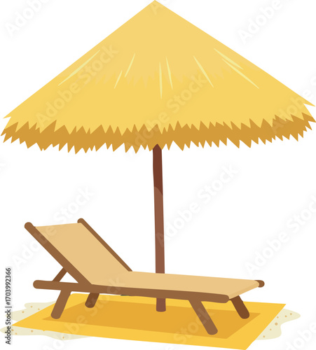 Beach lounge chair with straw umbrella and yellow mat for summer relaxation and sun protection vector illustration